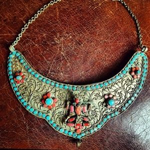 Vintage necklace Tibetan goddess bib Nepali gold tone boho bohemian